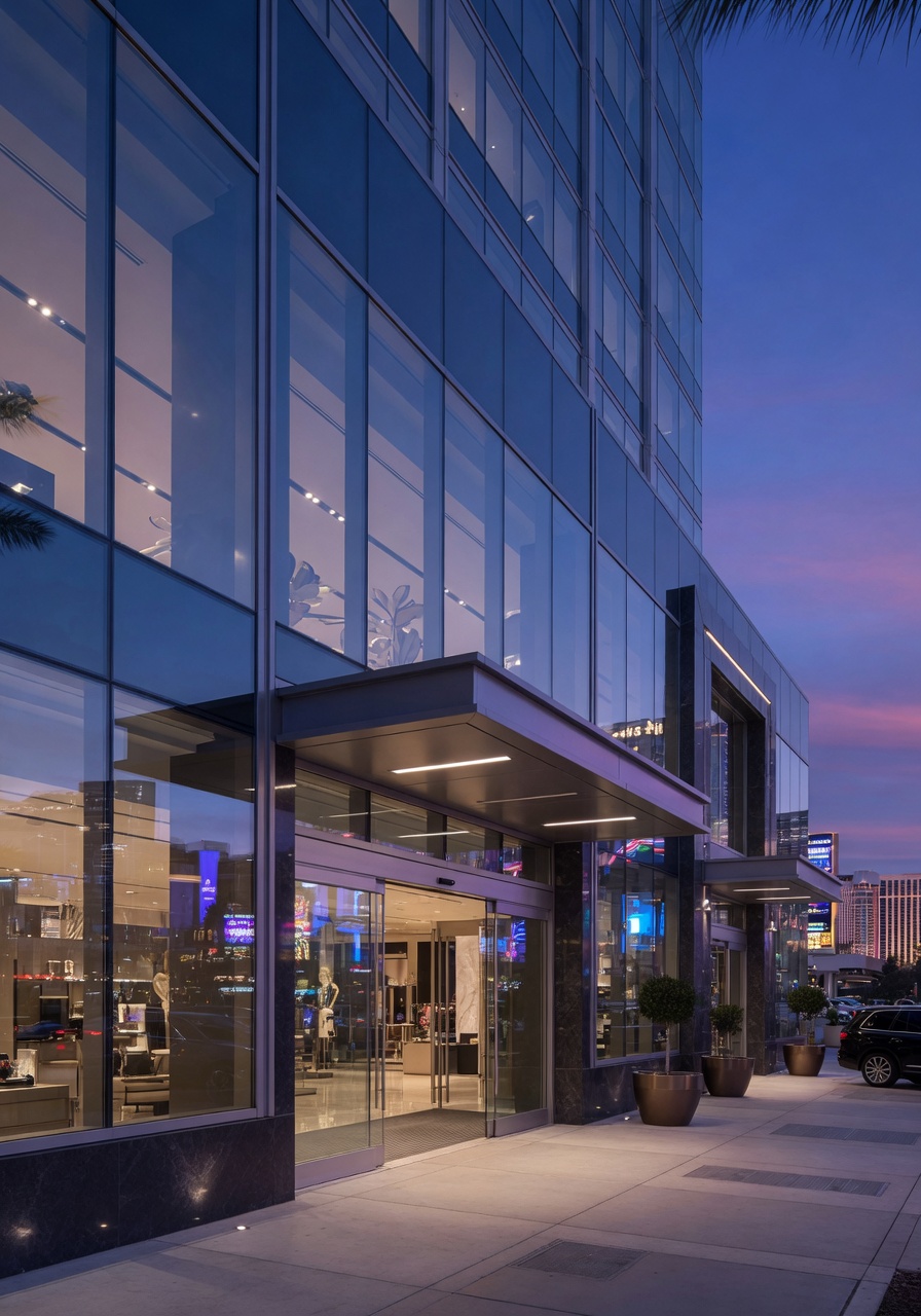 Modern commercial glass storefront at sunset